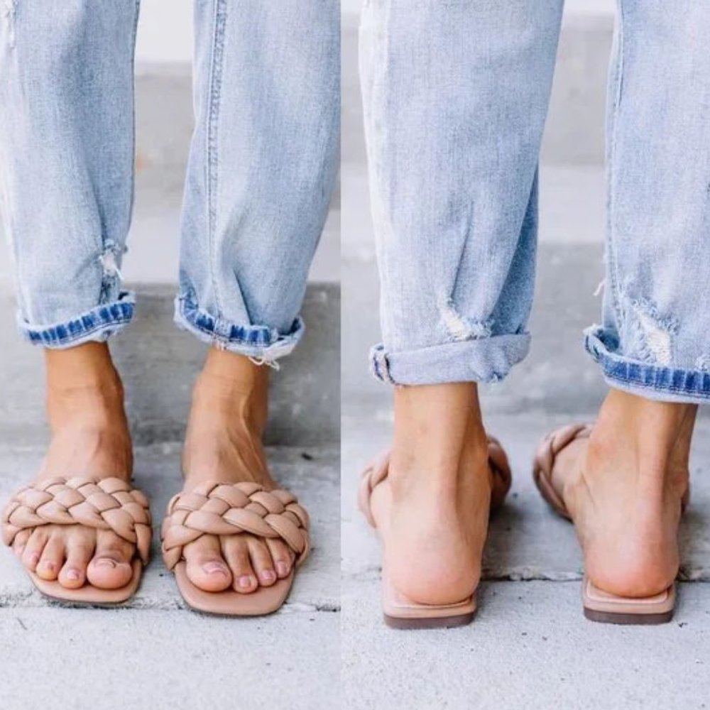 NEW Camel Tan Puffy Braided Faux Leather Square Toe Slip Slide On Flat Sandals - Picture 5 of 11